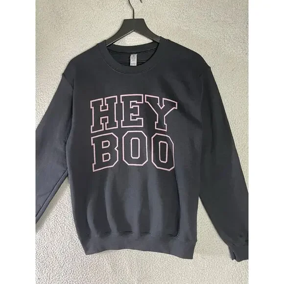 Spooky Ghost Sweatshirt Black Pink Pullover Crewneck Cute Halloween Fall Sweater - Picture 5 of 8